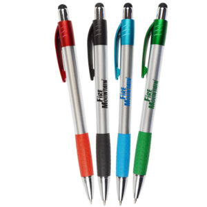 CLST - SILVER MATTE BARREL CLICK PEN W/ STYLUS, COLORED RUBBER GRIPS & ACCENTS