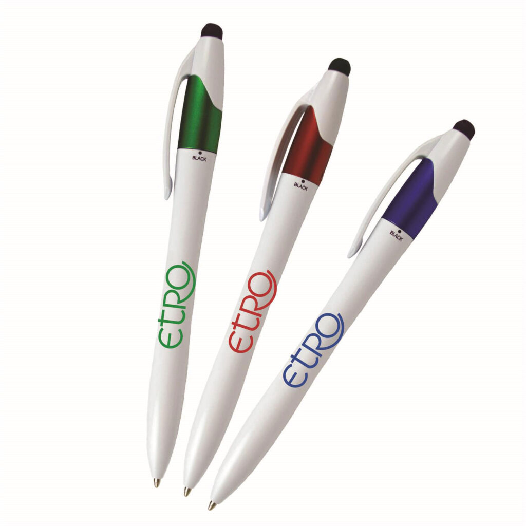 TFLR - TWIST ACTION WHITE BARREL EUROPEAN DESIGN BALLPOINT PEN WITH 3 INK COLORS & STYLUS